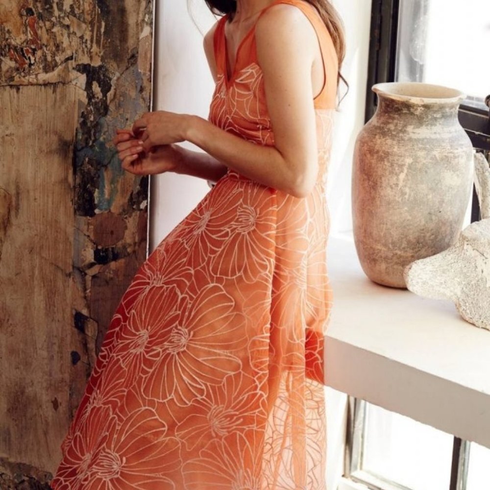 Anthro Moulinette Soeurs Calendula Dress Midi Floral Embroidery Orange Size 6